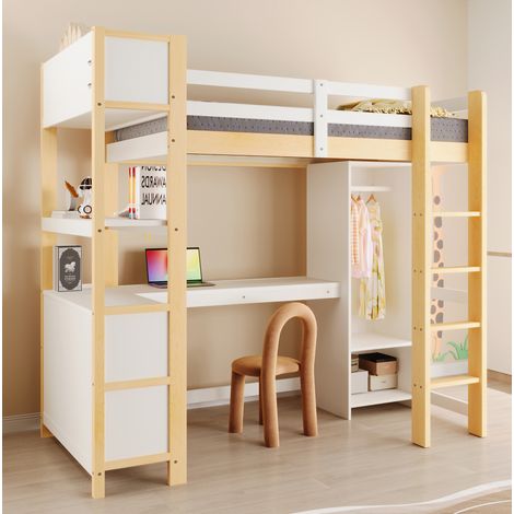 Cama alta 90x200 cm natural en pino y MDF con escritorio, armario y estanterías (1/5)
