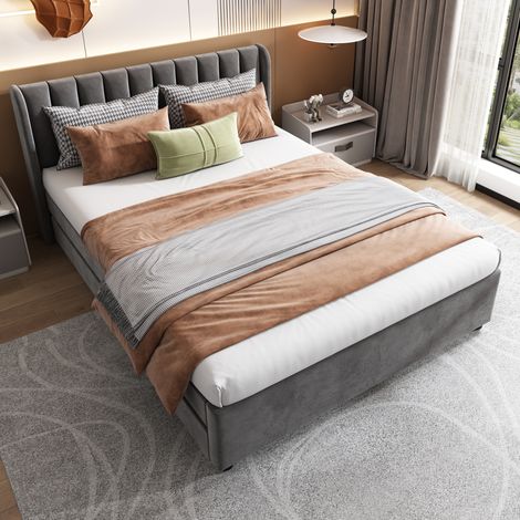 Lit 140x200 velours gris avec tête haute et 2 tiroirs HAVRYA (1/5)