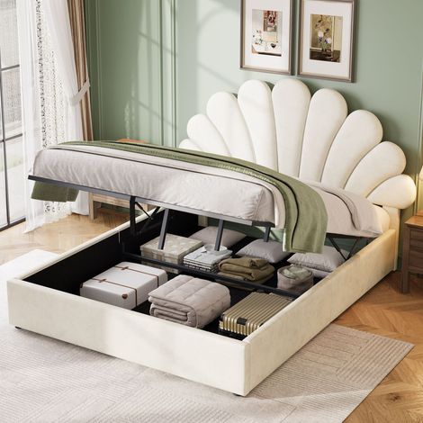 4ft6 Double Upholstered Hydraulic Bed with Adjustable Chic Petal Headboard, Soft Velvet Bed Frame with Hydraulic Storage, Petal Bed with Solid Wood Slat, No Box Spring Needed, Beige (No Mattress)