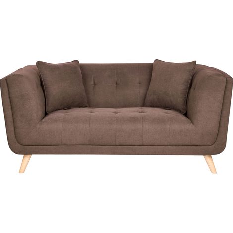 Sofa Dark Brown Fabric Upholstery 2 Seater Loveseat with Scatter Cushions Wooden Legs Retro Living Room Settee HABO (1/5)