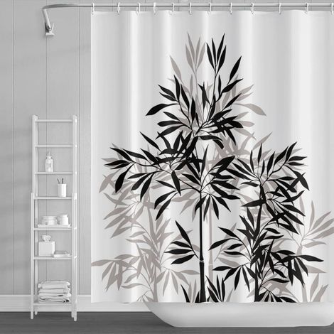 152x183cm Bambou Silhouette Rideau de Douche Feuilles Esquisser Blanc, Peinture à l'Encre pour Baignoire Enfants Salle de Bains Polyester avec Crochets (1/5)