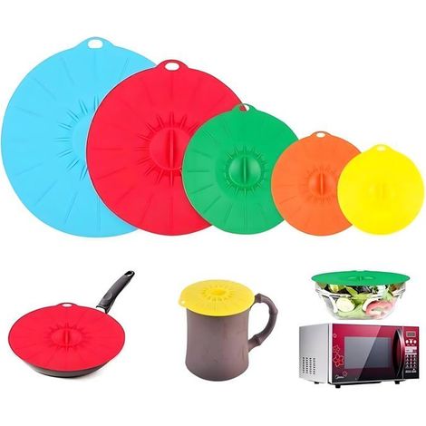 Couvercles de cuisine en silicone 5 pièces, antiadhésifs, joint sous vide Couleur aléatoire Conviennent pour les casseroles, les tasses, etc. (1/5)