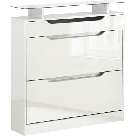 Scarpiera Salvaspazio Slim con 2 Ante a Ribalta e Cassetto, Scarpiera Ingresso in Vetro con Ripiani Regolabili su 2 Livelli, Porta Scarpe per 16 Paia con Maniglia, 89x23x96cm, Bianco Lucido