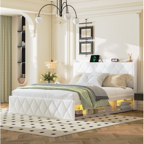 Lit 160x200 cm tapissé blanc avec USB, LED et 6 tiroirs DESVIAE (1/5)