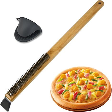 Brush Nettoyage Pierre À Pizza - Tête En Fil D'acier Inoxydable - Manche En Bois De Hêtre - Pour Four À Pizza Et Grill Extérieur - 1 Pièce (1/5)