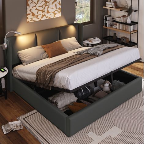 Doppelbett 180x200 cm grau aus PU mit Bettkasten, LED-Leselicht und USB-Ladefunktion (1/5)