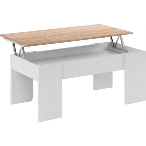 Tavolino da Salotto Alzabile Con Vano Contenitore Tavolo Multifunzione Salvaspazio Per Soggiorno E Divano Piano Sollevabile Per Lavorare e Mangiare 100 x 50 x 54–56 cm Bianco E Rovere