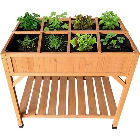 Jardinière surélevée, 8 Compartiments, Tablette, HxLxP 81,5×91×62 cm, Balcon/terrasse, Sapin, Orange (1/5)