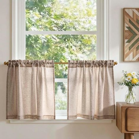 2 Panneaux Rideau Cuisine, 65x60cm, Lin Polyester, Pour Fenêtre Placard
