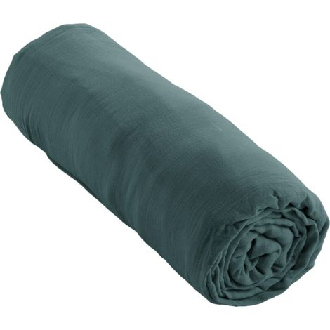 Drap housse bonnet 30 cm double gaze de coton 160 x 200 cm canard (blue) Bleu (1/3)