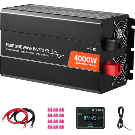 Convertisseur 4000W Pur Sinus, 12V vers 230V, avec écran LCD, télécommande, 2 ports USB, 2 prises AC et port Type-C, pour camping-car et camion. (1/5)