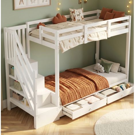 Cama litera multifuncional de madera maciza blanca 90x200 cm con sofá regulable, escalera con almacenaje y 2 cajones