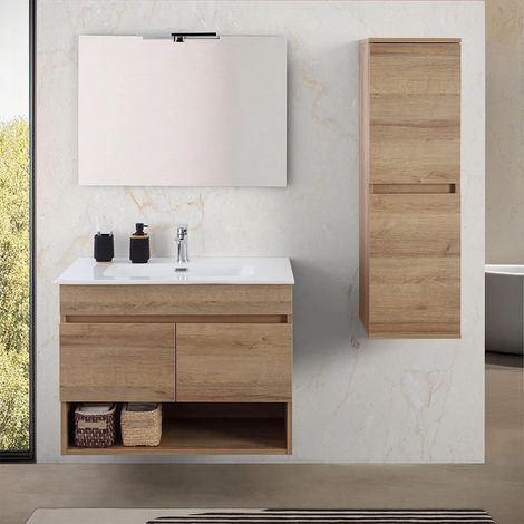 Mobile bagno sospeso 80 cm rovere africa con ante e vano a giorno Kleo (1/5)