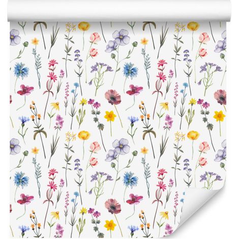 Papier peint blanc à fleurs sauvages pour salon et chambre 50x1000 cm (1/5)