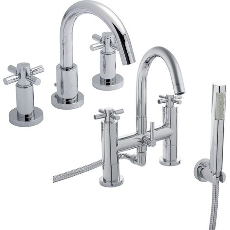 Hudson Reed Tec Crosshead 3-Hole Basin Mixer Tap and Bath Shower Mixer Tap - Chrome (1/4)