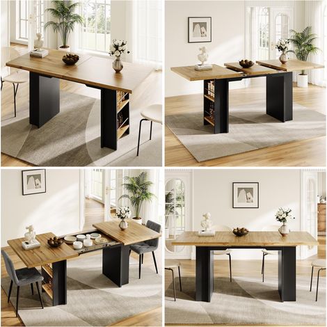 Table de salle à manger télescopique (120-160 × 80 cm), table avec étagères, table de cuisine extensible, extensible de 120 à 160 cm grâce à des rallonges internes, pour la cuisine et le salon, colori