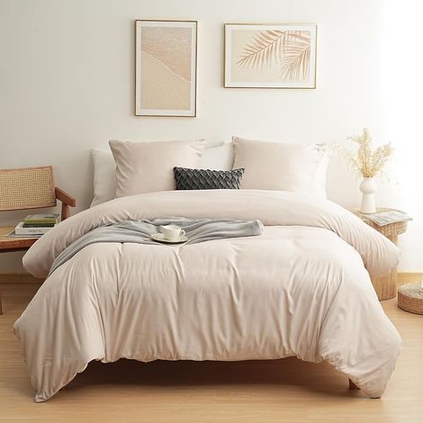 120 Fils/cm² Housse de Couette 220x240 cm Beige avec Taies d'Oreillers 65x65x2cm Parure de Lit 2 Personnes avec Fermeture Eclaire (1/5)