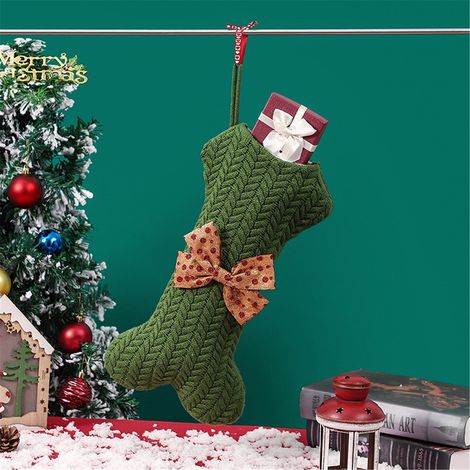 Chaussette De Noël En Tricot Forme D Os - Pour Chiens Et Chats - Décoration De Cheminée Ou Arbre De Noël - Vert - 42 X 22 Cm - 1 Pièce (1/5)