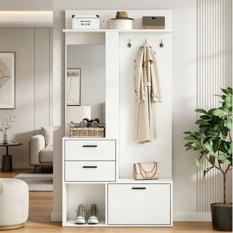 Mobile da Ingresso con 2 Cassetti, 3 Ganci, Specchio e Ripiani Regolabili, per Ingresso e Corridoio, 90 × 30 × 180 cm (1/5)