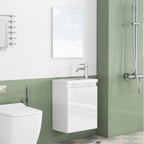 Mueble de baño suspendido 40 cm blanco brillo con lavabo cerámico y espejo DESVIAE (1/5)