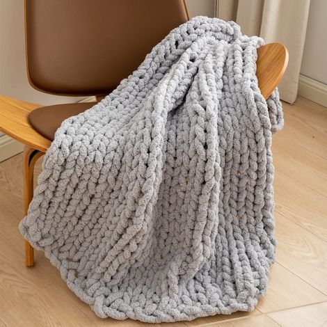 Jeté de lit en Tricot épais 100% Fait à la Main avec Fil Chenille épais pour canapé-lit, 101 x 101 cm, Gris Clair (1/5)
