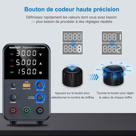 DC Power Supply (0-30V, 0-5A) Adjustable, Switching Power Supply, Variable Lab Bench Power Supply, On/Off/Encoder Exit Button (1/4)