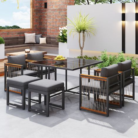 Ensemble salle à manger de jardin 6 places - table en verre trempé, 4 chaises et 2 tabourets - fer galvanisé - gris (1/5)