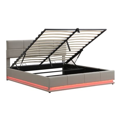 Lit rembourré 180x200 cm avec éclairage LED et espace de rangement de lit relevable hydrauliquement,sommier à lattes et revêtement en cuir artificiel lit double adulte lit jeune gris clair