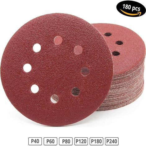 Disques Abrasifs Professionnels │ 180 Pièces │ 8 Trous │ Ø 125 Mm │(30 X Grain 40/60/80/120/180/240 Chacun) │ Pour Ponceuses Orbitales Aléatoires │ Feuilles Abrasives │ Papier Abrasif (1/5)