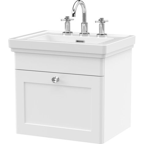 Swynnerton Traditional 1 Drawer Wall Hung Vanity Unit with Basin, Satin White, 500mm