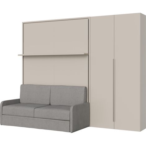 Lit français escamotable vertical Versia Sofà 140 avec canapé, étagère et armoire droite avec 2 portes Argilla