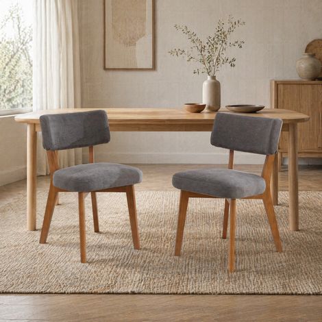 Lot de 2 chaises de salle à manger style Mid-Century, siège rembourré en tissu gris, pieds en bois (1/5)