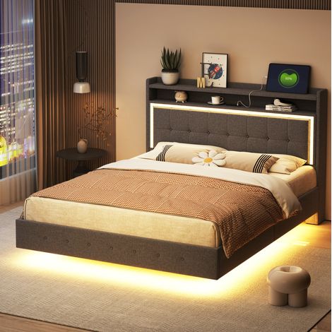 Lit 140x200 USB LED en lin gris, cadre stable HAVRYA (1/5)