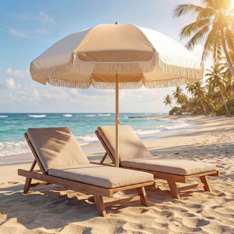 Parasol de plage 1.7 m. parasol de jardin inclinable avec ancrage au sable. franges et hauteur réglable. blanc et beige