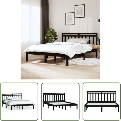 Lit adulte pour 2 personnes, Structure de lit, Assemblage Facile, Noir Bois de pin massif 140x190 cm OIB2952E (1/5)
