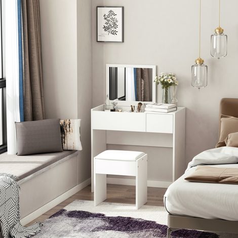 Poste de maquillage avec miroir rabattable, coiffeuse moderne, avec tabouret, compartiment de rangement à 4 compartiments, MDF blanc, 80x40x79 cm