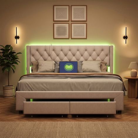 Cama 160x200 con 2 cajones, toma USB, cama led 160x200 con somier de lamas, cama para adultos con almacenamiento, tela de terciopelo, beige. (1/5)