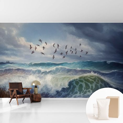 Papier peint intissé pour salon chambre à coucher peint imprimé pour mur - Colle incluse gratuite Vagues marines 416x254 cm (1/5)