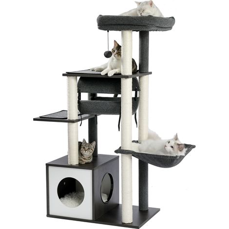 Pawz Road – Arbre à chat en bois noir 130cm – Multi-plateforme avec grand hamac et tunnel suspendu – Structure robuste pour Maine Coon