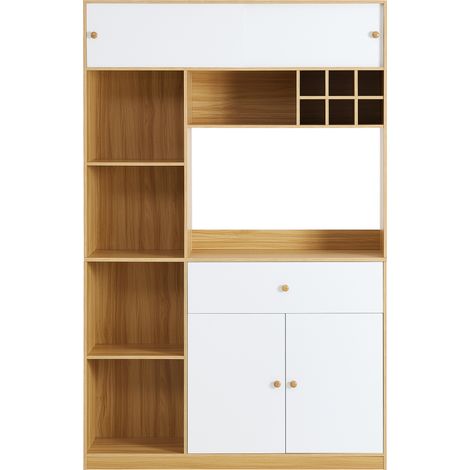 Armoire de cuisine avec LED, buffet blanc et naturel, meuble pour micro-ondes, 3 portes, 1 tiroir, L115xP35xH180 cm (1/5)