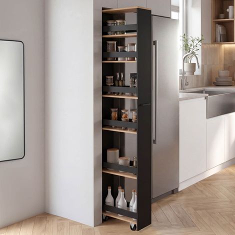 Carro de cocina compacto HAGA con 6 estantes, negro y imitación de haya. Altura: 177 cm (1/5)
