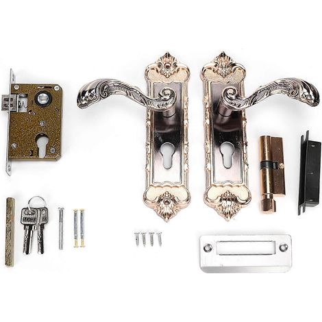 Serrure de porte intérieure rétro vintage style européen, poignée à levier anti-effraction, ensemble quincaillerie pour chambre, finition ancienne, robuste et sécurisée. (1/5)