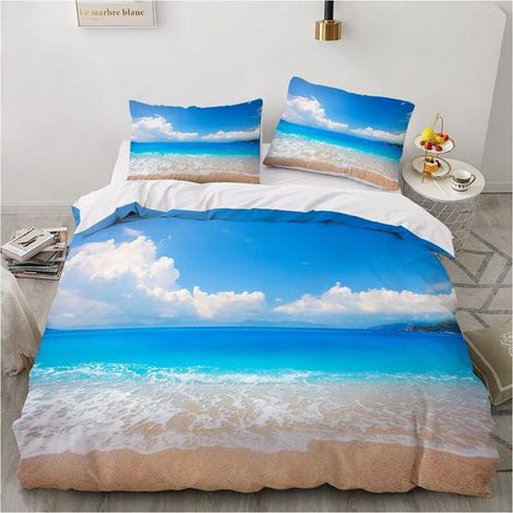 Bettwäsche-Set 135x200 cm Strand Meer 3D Motiv Blau Weiß Mikrofaser mit Reißverschluss