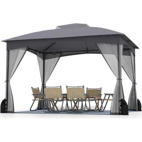 Gazebo da patio tetto morbido a doppia copertura con 4 sacchetti di sabbia, Gazebo da patio 3 x 3,6 m per prato giardino all'aperto Grigio (1/4)