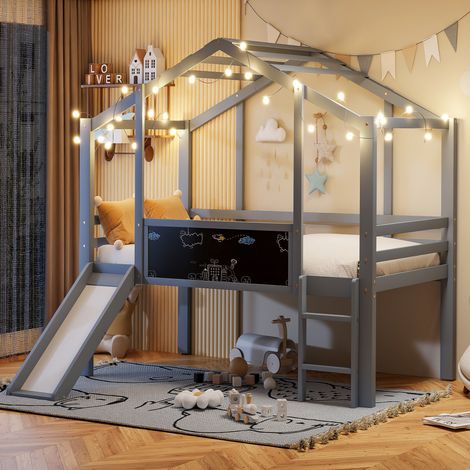 Kinder-Hochbett mit Rutsche und Tafel 90x200 Massivholz OKMYHOME (1/5)