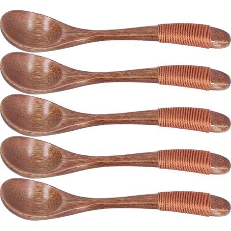 Lot de 5 cuillères à soupe légères en bois avec manche droit, couleur kaki, pour la cuisine. (1/5)
