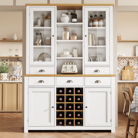 Buffet Salle a Manger 120×40×185 cm avec Porte vitrée,casier à vin Amovible,Buffet Haut,buffet cuisine rangement,Meuble de Cuisine,blanc