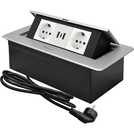 Multiprise Encastrable Plan de Travail,Bloc Prise Escamotable avec 2 Prises et Port USB et Port TypeC,Prise Plan de Travail Cuisine,1.8M Câble (1/5)