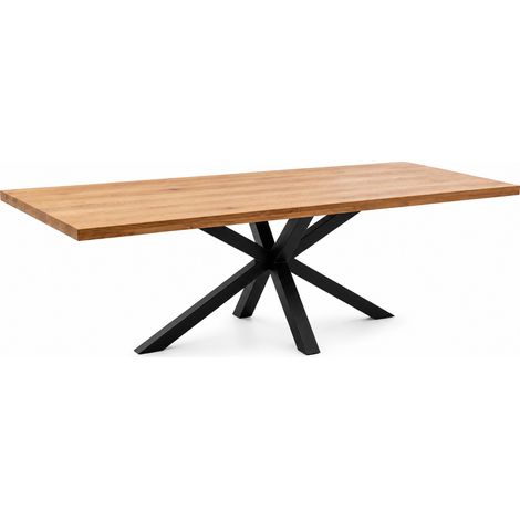 Table à manger avec bord droit coloris Chêne massif naturel et pieds en métal forme croisée - Longueur 200 x Profondeur 100 x Hauteur 76 cm (1/5)