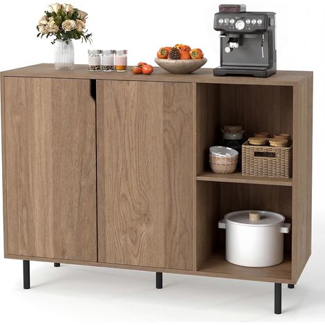 Buffet Cuisine, 2 Portes, Commode Blanc 2 Compartiments, Étagères Réglables, Kit Anti-basculement,Pour Salle à Manger, Entrée, Naturel (1/5)